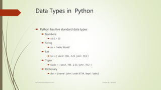 Data Types in Python
 Python has five standard data types
 Numbers:
 var2 = 10
 String
 str = 'Hello World!'
 List
 list = [ 'abcd', 786 , 2.23, 'john', 70.2 ]
 Tuple
 tuple = ( 'abcd', 786 , 2.23, 'john', 70.2 )
 Dictionary
 dict = {'name': 'john','code':6734, 'dept': 'sales'}
Ref: www.tutorialspoint.com Created By : Abishek
 