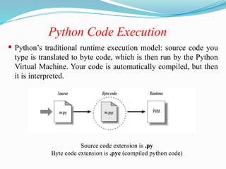 Python Code Execution
 Python’s traditional runtime execution model: source code you
type is translated to byte code, which is then run by the Python
Virtual Machine. Your code is automatically compiled, but then
it is interpreted.
Source code extension is .py
Byte code extension is .pyc (compiled python code)
 