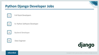 Copyright © 2017, edureka and/or its affiliates. All rights reserved.
Python Django Developer Jobs
1
2
3
4
Full Stack Developers
Sr. Python Software Developer
Data Engineer
Backend Developer
 
