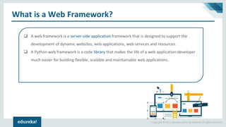 Copyright © 2017, edureka and/or its affiliates. All rights reserved.
What is a Web Framework?
 A web framework is a server-side application framework that is designed to support the
development of dynamic websites, web applications, web services and resources.
 A Python web framework is a code library that makes the life of a web application developer
much easier for building flexible, scalable and maintainable web applications.
 
