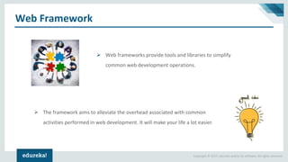 Copyright © 2017, edureka and/or its affiliates. All rights reserved.
Web Framework
➢ Web frameworks provide tools and libraries to simplify
common web development operations.
➢ The framework aims to alleviate the overhead associated with common
activities performed in web development. It will make your life a lot easier.
 
