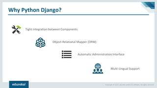 Copyright © 2017, edureka and/or its affiliates. All rights reserved.
Why Python Django?
Tight Integration between Components
Object-Relational Mapper (ORM)
Automatic Administration Interface
Multi-Lingual Support
 