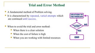  A fundamental method of Problem solving.
 It is characterized by repeated, varied attempts which
are continued until success.
 When to avoid the trial and error method:
 When there is a clear solution
 When the cost of failure is high
 When you are working with limited resources
Trial and Error Method
 