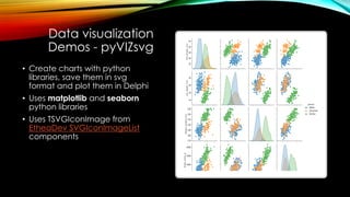 Data visualization
Demos - pyVIZsvg
• Create charts with python
libraries, save them in svg
format and plot them in Delphi
• Uses matplotlib and seaborn
python libraries
• Uses TSVGIconImage from
EtheaDev SVGIconImageList
components
 
