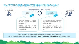 【動かす:信頼性】 
アプリ実行基盤は Heroku が管理・運用	
ミドルウェア	
DBMS	
OS	
仮想化	
サーバー	
ストレージ	
ネットワーク	
施設	
アプリケーション	
オンプレミス	
アプリケーション	
ミドルウェア	
DBMS	
OS	
仮想化	
サーバー	
ストレージ	
ネットワーク	
施設	
IaaS
(Infrastructure as a Service)	
アプリケーション	
ミドルウェア	
DBMS	
OS	
仮想化	
サーバー	
ストレージ	
ネットワーク	
施設	
SaaS
(Software as a Service)	
アプリ開発/サービス提供者管理	
クラウドベンダー管理	
凡例例
アプリケーション	
ミドルウェア	
DBMS	
OS	
仮想化	
サーバー	
ストレージ	
ネットワーク	
施設	
PaaS
(Platform as a Service)	
①  24時間/365⽇日の
グローバルな運⽤用体制
②  ⼤大規模インフラ運⽤用の
豊富なナレッジ蓄積
③  規模の原理理を活かした
対応・対策への投資
④  稼働実績の公開
他クラウドベンダーの
IaaSを利利⽤用
 
