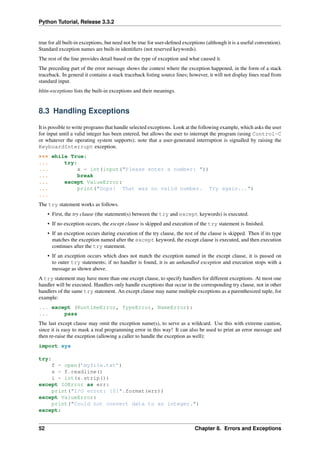 Python Tutorial, Release 3.3.2
true for all built-in exceptions, but need not be true for user-defined exceptions (although it is a useful convention).
Standard exception names are built-in identifiers (not reserved keywords).
The rest of the line provides detail based on the type of exception and what caused it.
The preceding part of the error message shows the context where the exception happened, in the form of a stack
traceback. In general it contains a stack traceback listing source lines; however, it will not display lines read from
standard input.
bltin-exceptions lists the built-in exceptions and their meanings.
8.3 Handling Exceptions
It is possible to write programs that handle selected exceptions. Look at the following example, which asks the user
for input until a valid integer has been entered, but allows the user to interrupt the program (using Control-C
or whatever the operating system supports); note that a user-generated interruption is signalled by raising the
KeyboardInterrupt exception.
>>> while True:
... try:
... x = int(input("Please enter a number: "))
... break
... except ValueError:
... print("Oops! That was no valid number. Try again...")
...
The try statement works as follows.
• First, the try clause (the statement(s) between the try and except keywords) is executed.
• If no exception occurs, the except clause is skipped and execution of the try statement is finished.
• If an exception occurs during execution of the try clause, the rest of the clause is skipped. Then if its type
matches the exception named after the except keyword, the except clause is executed, and then execution
continues after the try statement.
• If an exception occurs which does not match the exception named in the except clause, it is passed on
to outer try statements; if no handler is found, it is an unhandled exception and execution stops with a
message as shown above.
A try statement may have more than one except clause, to specify handlers for different exceptions. At most one
handler will be executed. Handlers only handle exceptions that occur in the corresponding try clause, not in other
handlers of the same try statement. An except clause may name multiple exceptions as a parenthesized tuple, for
example:
... except (RuntimeError, TypeError, NameError):
... pass
The last except clause may omit the exception name(s), to serve as a wildcard. Use this with extreme caution,
since it is easy to mask a real programming error in this way! It can also be used to print an error message and
then re-raise the exception (allowing a caller to handle the exception as well):
import sys
try:
f = open(’myfile.txt’)
s = f.readline()
i = int(s.strip())
except IOError as err:
print("I/O error: {0}".format(err))
except ValueError:
print("Could not convert data to an integer.")
except:
52 Chapter 8. Errors and Exceptions
 
