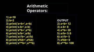 1) a=10
2) b=2
3) print('a+b=',a+b)
4) print('a-b=',a-b)
5) print('a*b=',a*b)
6) print('a/b=',a/b)
7) print('a//b=',a//b)
8) print('a%b=',a%b)
9) print('a**b=',a**b)
Arithmetic
Operators:
OUTPUT
2) a+b= 12
3) a-b= 8
4) a*b= 20
5) a/b= 5.0
6) a//b= 5
7) a%b= 0
8) a**b= 100
 