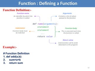 Function Definition:-
Function : Defining a Function
Example:-
# Function Definition
1. def add(a,b):
2. sum=a+b
3. return sum
53
 