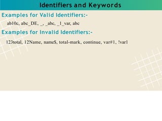 Identifiers and Keywords
Examples for Valid Identifiers:-
ab10c, abc_DE, _, _abc, _1_var, abc
Examples for Invalid Identifiers:-
123total, 12Name, name$, total-mark, continue, var#1, !var1
 