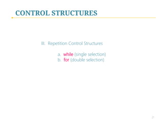 CONTROL STRUCTURES
II. Selection Control Structures 
 

a. if (single selection)

b. if/else (double selection)

c. if/elif/else (multiple selection)
 


 
