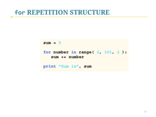 for REPETITION STRUCTURE
PRACTICE EXERCISE: 
 
using for loop print the following number series:


a.) 7, 14, 21, …, 70, 77

b.) 20, 18, 16, …, 4, 2

c.) 99, 88, 77, …, 11, 0


 
