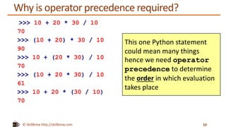 © SkillBrew http://skillbrew.com
Why is operator precedence required?
10
This one Python statement
could mean many things
hence we need operator
precedence to determine
the order in which evaluation
takes place
>>> 10 + 20 * 30 / 10
70
>>> (10 + 20) * 30 / 10
90
>>> 10 + (20 * 30) / 10
70
>>> (10 + 20 * 30) / 10
61
>>> 10 + 20 * (30 / 10)
70
 