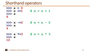 © SkillBrew http://skillbrew.com
Shorthand operators
6
>>> x = 5
>>> x +=1 # x = x + 1
>>> x
6
>>> x -=2 # x = x - 2
>>> x
4
>>> x *=3 # x = x * 3
>>> x
12
 