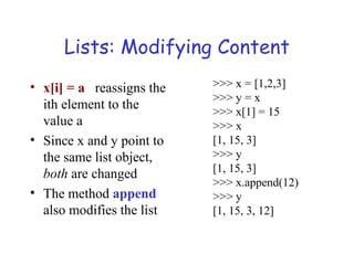Lists: Modifying Content
• x[i] = a reassigns the
ith element to the
value a
• Since x and y point to
the same list object,
both are changed
• The method append
also modifies the list
>>> x = [1,2,3]
>>> y = x
>>> x[1] = 15
>>> x
[1, 15, 3]
>>> y
[1, 15, 3]
>>> x.append(12)
>>> y
[1, 15, 3, 12]
 