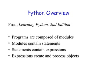 Python Overview
From Learning Python, 2nd Edition:
• Programs are composed of modules
• Modules contain statements
• Statements contain expressions
• Expressions create and process objects
 