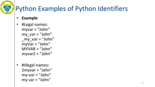 Python Examples of Python Identifiers
• Example
• #Legal names:
myvar = "John"
my_var = "John"
_my_var = "John"
myVar = "John"
MYVAR = "John"
myvar2 = "John“
• #Illegal names:
2myvar = "John"
my-var = "John"
my var = "John"
18
 