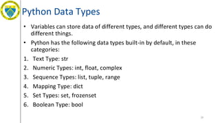 Python Data Types
• Variables can store data of different types, and different types can do
different things.
• Python has the following data types built-in by default, in these
categories:
1. Text Type: str
2. Numeric Types: int, float, complex
3. Sequence Types: list, tuple, range
4. Mapping Type: dict
5. Set Types: set, frozenset
6. Boolean Type: bool
29
 