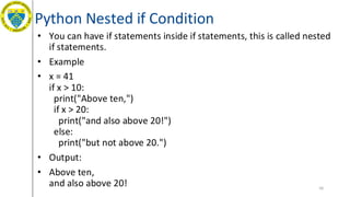 Python Nested if Condition
• You can have if statements inside if statements, this is called nested
if statements.
• Example
• x = 41
if x > 10:
print("Above ten,")
if x > 20:
print("and also above 20!")
else:
print("but not above 20.")
• Output:
• Above ten,
and also above 20! 56
 