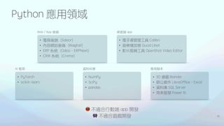 • NumPy
• SciPy
• pandas
資料科學
• 電子書管理工具 Calibri
• 音樂播放器 Quod Libet
• 影片剪輯工具 OpenShot Video Editor
桌面端 app
Python 應用領域
10
• 電商後端（Saleor）
• 內容網站後端（Wagtail）
• ERP 系統（Odoo、ERPNext）
• CRM 系統（Creme）
Web / App 後端
• PyTorch
• scikit-learn
AI 框架
📵 不適合行動端 app 開發
👾 不適合遊戲開發
• 3D 繪圖 Blender
• 辦公套件 LibreOf
fi
ce、Excel
• 資料庫 SQL Server
• 商業智慧 Power BI
應用腳本
 