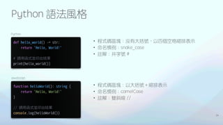 Python 語法風格
24
• 程式碼區塊
：
沒有大括號
，
以四個空格縮排表示
• 命名慣例
：
snake_case
• 註解
：
井字號 #
def hello_world() -> str:
return 'Hello, World!'
# 調
用
函式並印出结果
print(hello_world())
Python
function helloWorld(): string {
return 'Hello, World!'
}
// 調
用
函式並印出结果
console.log(helloWorld())
JavaScript
• 程式碼區塊
：
以大括號＋縮排表示
• 命名慣例
：
camelCase
• 註解
：
雙斜線 //
 