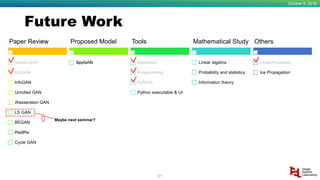 Future Work
October 9, 2018
51
Paper Review
Vanilla GAN
DCGAN
InfoGAN
Unrolled GAN
Wasserstein GAN
LS GAN
BEGAN
Pix2Pix
Cycle GAN
Proposed Model
SpyGAN
Tools
Document
Programming
PyTorch
Python executable & UI
Mathematical Study
Linear algebra
Probability and statistics
Information theory
Others
Level Processor
Ice Propagation
Maybe next seminar?
 