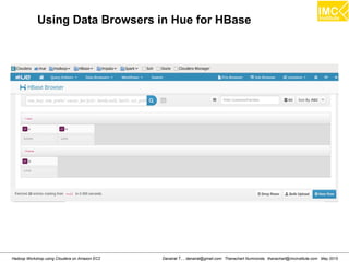 Danairat T., , danairat@gmail.com: Thanachart Numnonda, thanachart@imcinstitute.com May 2015Hadoop Workshop using Cloudera on Amazon EC2
Using Data Browsers in Hue for HBase
 