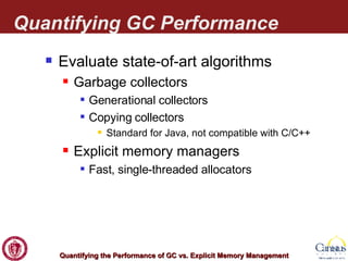 Quantifying GC Performance Evaluate state-of-art algorithms Garbage collectors Generational collectors Copying collectors Standard for Java, not compatible with C/C++ Explicit memory managers Fast, single-threaded allocators 