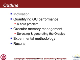 Outline Motivation Quantifying GC performance A hard problem Oracular memory management Selecting & generating the Oracles Experimental methodology Results 