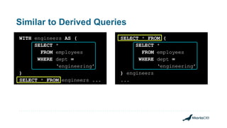 Similar to Derived Queries
WITH engineers AS (
SELECT *
FROM employees
WHERE dept =
‘engineering’
)
SELECT * FROM engineers ...
SELECT * FROM (
SELECT *
FROM employees
WHERE dept =
‘engineering’
) engineers
...
 