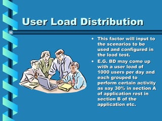 User Load Distribution This factor will input to the scenarios to be used and configured in the load test. E.G. BD may come up with a user load of 1000 users per day and each grouped to perform certain activity as say 30% in section A of application rest in section B of the application etc. 