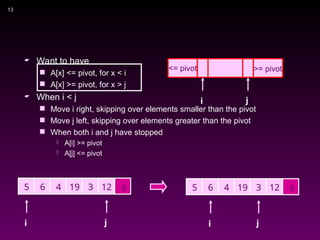 13
 Want to have
 A[x] <= pivot, for x < i
 A[x] >= pivot, for x > j
 When i < j
 Move i right, skipping over elements smaller than the pivot
 Move j left, skipping over elements greater than the pivot
 When both i and j have stopped
 A[i] >= pivot
 A[j] <= pivot
i j
5 6 4 6
3 12
19
i j
5 6 4 6
3 12
19
i j
<= pivot >= pivot
 