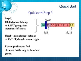 Quick Sort 
Quicksort Step 3 
26 
33 
35 
29 
19 
left 
pivot 
12 
22 
right  