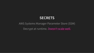 SECRETSSECRETS
Doesn't scale well.
AWS Systems Manager Parameter Store (SSM)
Decrypt at runtime.
 