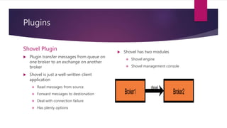 Plugins
Shovel Plugin
 Plugin transfer messages from queue on
one broker to an exchange on another
broker
 Shovel is just a well-written client
application
 Read messages from source
 Forward messages to destionation
 Deal with connection failure
 Has plenty options
 Shovel has two modules
 Shovel engine
 Shovel management console
 