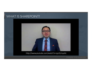 WHAT IS SHAREPOINT?




           http://www.youtube.com/watch?v=sjyrSUnyaHc
 