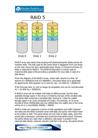 RAID 5 array uses block-level striping with distributed parity blocks across all
member disks. The disk used for the parity block is staggered from one stripe
to the next, hence the term distributed parity blocks. A minimum of three (3)
disks is required for RAID 5. This RAID configuration is mainly used to
maximize disk space while providing a protection for your data in case of a
disk failure.
Given the diagram of the RAID 5 array, where each column is a disk, let
assume A1=00000101and A2=00000011. The parity block Ap is generated
by applying the XOR operator on A1 and A2: Ap = A1 XOR A2 = 00000110
If the first disk fails, A1 will no longer be accessible, but can be reconstructed:
A1 = A2 XOR Ap = 00000101
A RAID 5 array can be created with disks of differing sizes, but the total
available storage space in the array is limited by the size of the smallest disk.
The parity data consumes a complete disk, leaving N-1 disks for usable
storage space in an array composed of N disks. For example, on an array
formed of three 450GB disks and one 300GB disk, the usable size of the array
will be (4-1) x min(450GB, 300GB) = 900GB.
RAID 5 writes are expensive in terms of disk operations and traffic between
the disks and the RAID controller since both data and parity information need
to be written to disk. The parity blocks are not read on data reads, since this
would add unnecessary overhead and would diminish performance. However,
the parity blocks are read when a defective disk sector is present in the
required data blocks. Likewise, should a disk fail in the array, the parity blocks
 