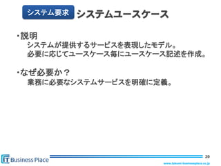 システム要求   システムユースケース

・説明
 システムが提供するサービスを表現したモデル。
 必要に応じてユースケース毎にユースケース記述を作成。

・なぜ必要か？
 業務に必要なシステムサービスを明確に定義。




                                              20
                    www.takumi-businessplace.co.jp
 