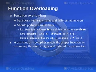 Function Overloading


Function overloading
Functions with same name and different parameters
 Should perform similar tasks


 I.e., function to square ints and function to square floats
int square( int x) {return x * x;}
float square(float x) { return x * x; }


A call-time c++ complier selects the proper function by
examining the number, type and order of the parameters

 