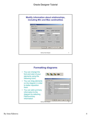 Oracle Designer Tutorial
By Anna Sidorova 6
Modify information about relationships,
including Min and Max cardinalities
Starting Oracle Designer 11
• You can change the
font and color of your
elements using the
Formatting diagrams
elements using the
following icons.
• You can drag elements
on the diagram in order
to better reposition
them
• You can add summary
Starting Oracle Designer 12
You can add summary
information to the
diagram by selecting
File/Summary
Information
 