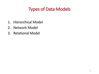 Types of Data Models
1. Hierarchical Model
2. Network Model
3. Relational Model
13
 