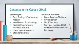 Advantages
+ Cost Savings (Pay per use
model)
+ Need Based Provisioning
+ Reduce Investments,
Increase Returns
+ Lower operating costs
+ Standardization
Database in the Cloud : DBaaS
Technical Features
+ Consolidation Platform
+ Virtualization
+ Multi Tenancy
+ Provider Managed High
Availability and Disaster
Recovery
 