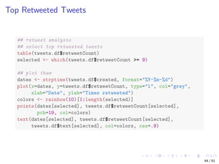 Top Retweeted Tweets
## retweet analysis
## select top retweeted tweets
table(tweets.df$retweetCount)
selected <- which(tweets.df$retweetCount >= 9)
## plot them
dates <- strptime(tweets.df$created, format="%Y-%m-%d")
plot(x=dates, y=tweets.df$retweetCount, type="l", col="grey",
xlab="Date", ylab="Times retweeted")
colors <- rainbow(10)[1:length(selected)]
points(dates[selected], tweets.df$retweetCount[selected],
pch=19, col=colors)
text(dates[selected], tweets.df$retweetCount[selected],
tweets.df$text[selected], col=colors, cex=.9)
44 / 61
 
