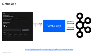 Demo app
© 2021 IBM Corporation
Vert.x app
websocket
produce
consume
https://github.com/ibm-messaging/kafka-java-vertx-starter
 