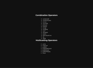 Combination OperatorsCombination Operators
combineAll
combineLatest
concat
concatAll
exhaust
forkJoin
merge
mergeAll
race
startWith
switch
withLatestFrom
zip
zipAll
Multicasting OperatorsMulticasting Operators
cache
multicast
publish
publishBehavior
publishLast
publishReplay
share
 