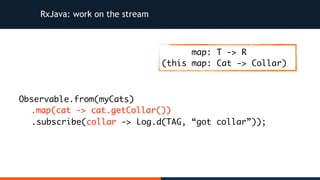 RxJava: work on the stream
Observable.from(myCats)
.map(cat -> cat.getCollar())
.subscribe(collar -> Log.d(TAG, “got collar”));
map: T -> R
(this map: Cat -> Collar)
 