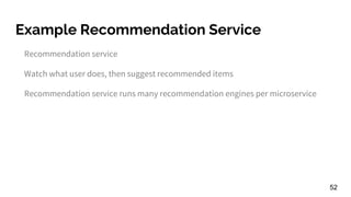 Example Recommendation Service
Recommendation service
Watch what user does, then suggest recommended items
Recommendation service runs many recommendation engines per microservice
52
 