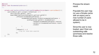 Process the stream
result.
Populate the user map
(or use a Simple cache
with an expiry and a
max number of users
allowed to be in
system).
Since the user is now
loaded, see if their are
outstanding calls
(promises) and resolve
those calls.
72
 