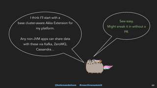 @helenaedelson #reactivesummit 23
I think I’ll start with a
base cluster-aware Akka Extension for
my platform.
Any non-JVM apps can share data
with these via Kafka, ZeroMQ,
Cassandra…
Sew easy.
Might sneak it in without a
PR.
 