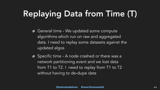 @helenaedelson #reactivesummit
Replaying Data from Time (T)
General time - We updated some compute
algorithms which run on raw and aggregated
data. I need to replay some datasets against the
updated algos
Specific time - A node crashed or there was a
network partitioning event and we lost data
from T1 to T2. I need to replay from T1 to T2
without having to de-dupe data
41
 