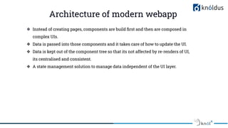 Architecture of modern webapp
❖ Instead of creating pages, components are build ﬁrst and then are composed in
complex UIs.
❖ Data is passed into those components and it takes care of how to update the UI.
❖ Data is kept out of the component tree so that its not affected by re-renders of UI,
its centralised and consistent.
❖ A state management solution to manage data independent of the UI layer.
 